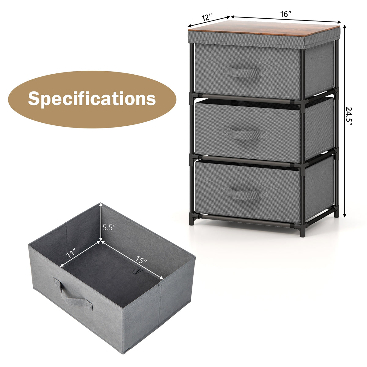 3-Tier Fabric Nightstand with Sturdy Metal Frame-Gray-Nightstands-DECOROLALA