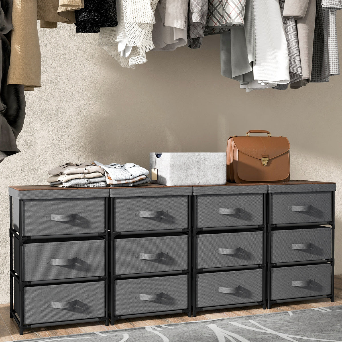 3-Tier Fabric Nightstand with Sturdy Metal Frame-Gray-Nightstands-DECOROLALA