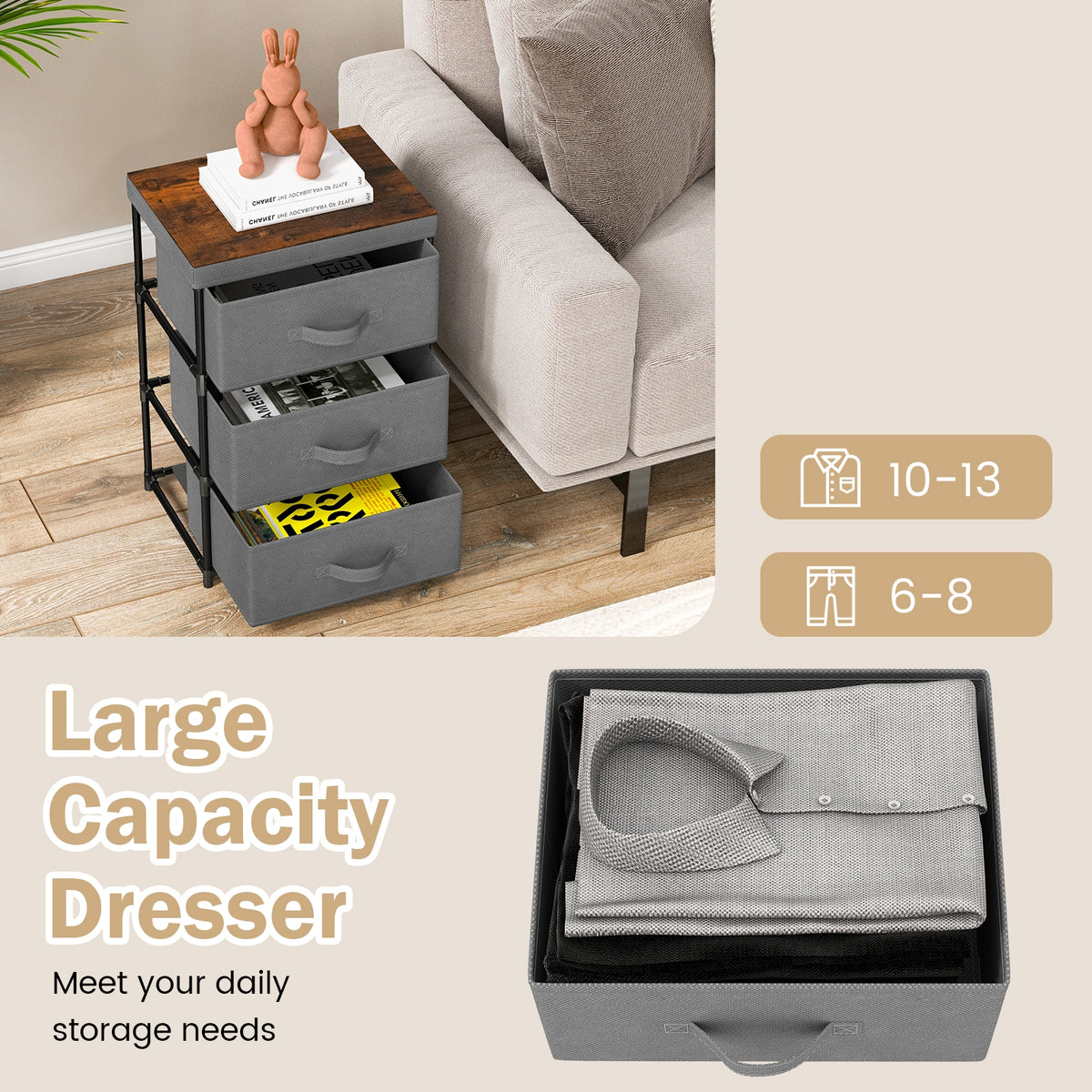 3-Tier Fabric Nightstand with Sturdy Metal Frame-Gray-Nightstands-DECOROLALA