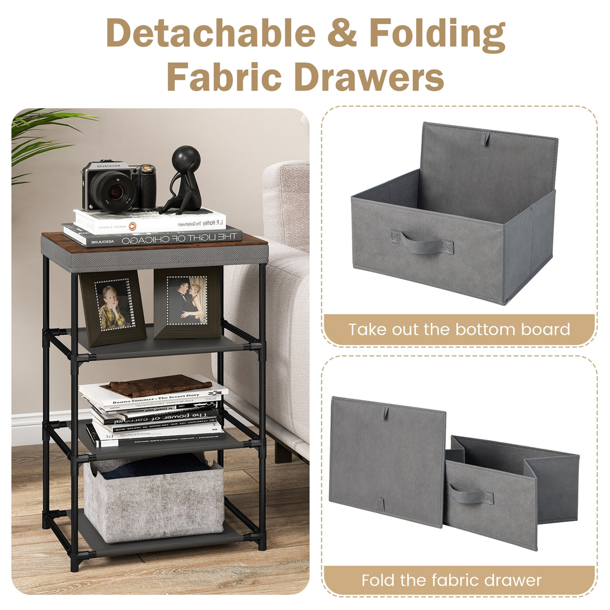 3-Tier Fabric Nightstand with Sturdy Metal Frame-Gray-Nightstands-DECOROLALA