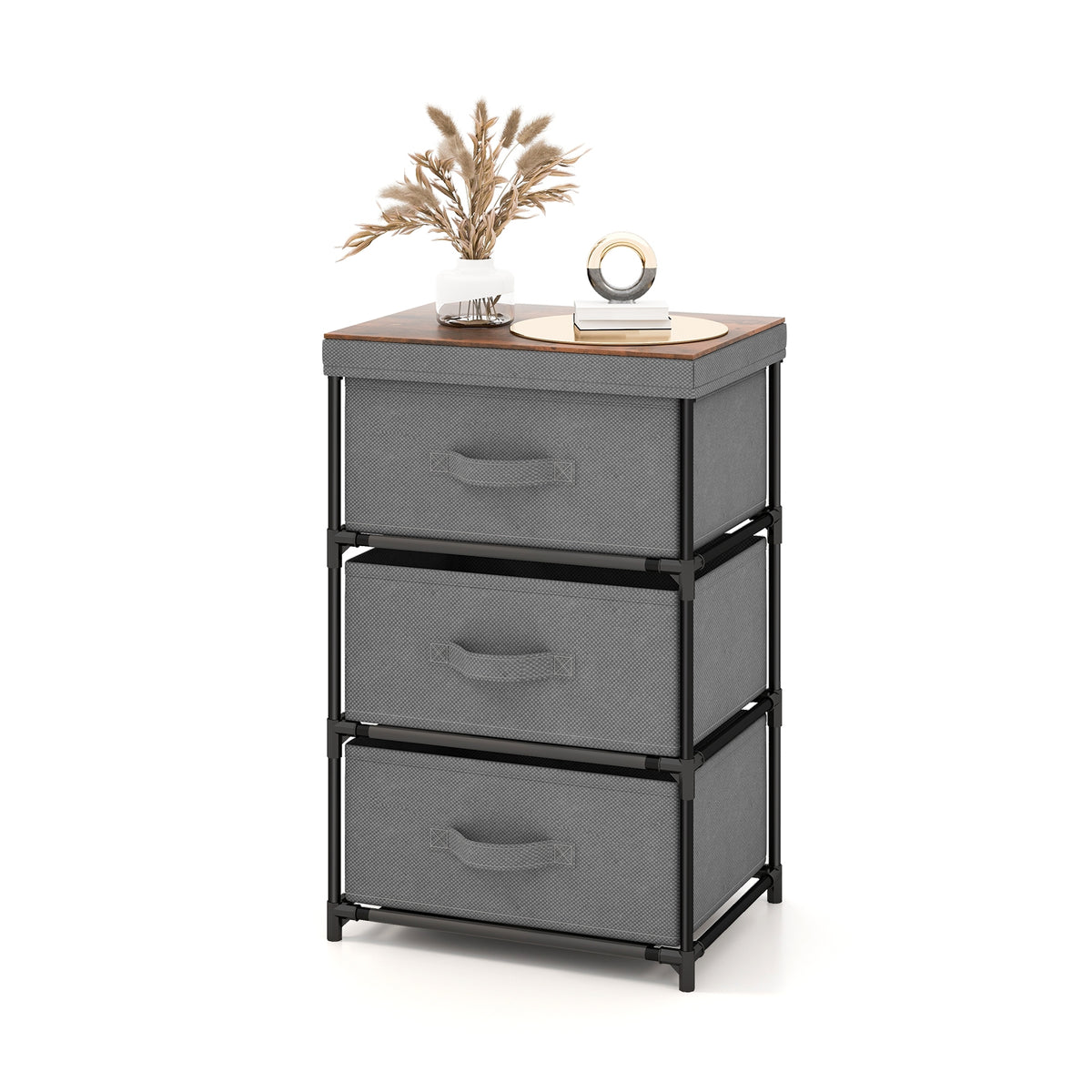 3-Tier Fabric Nightstand with Sturdy Metal Frame-Gray-Nightstands-DECOROLALA