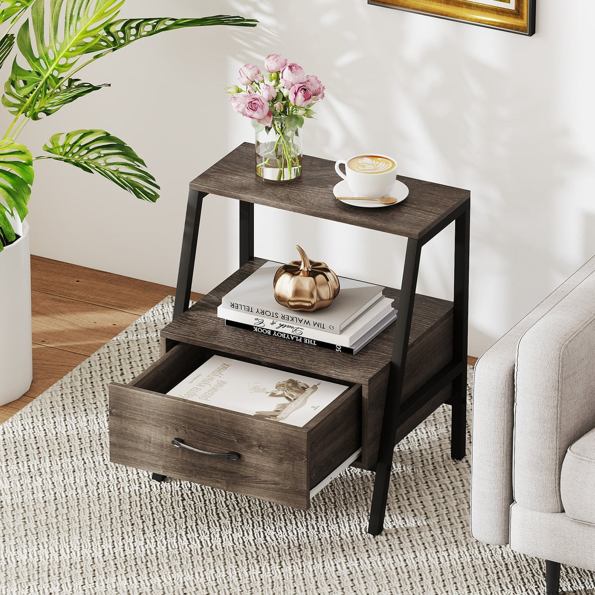 3-Tier Farmhouse Nightstand with Open Shelf-Nightstands-DECOROLALA