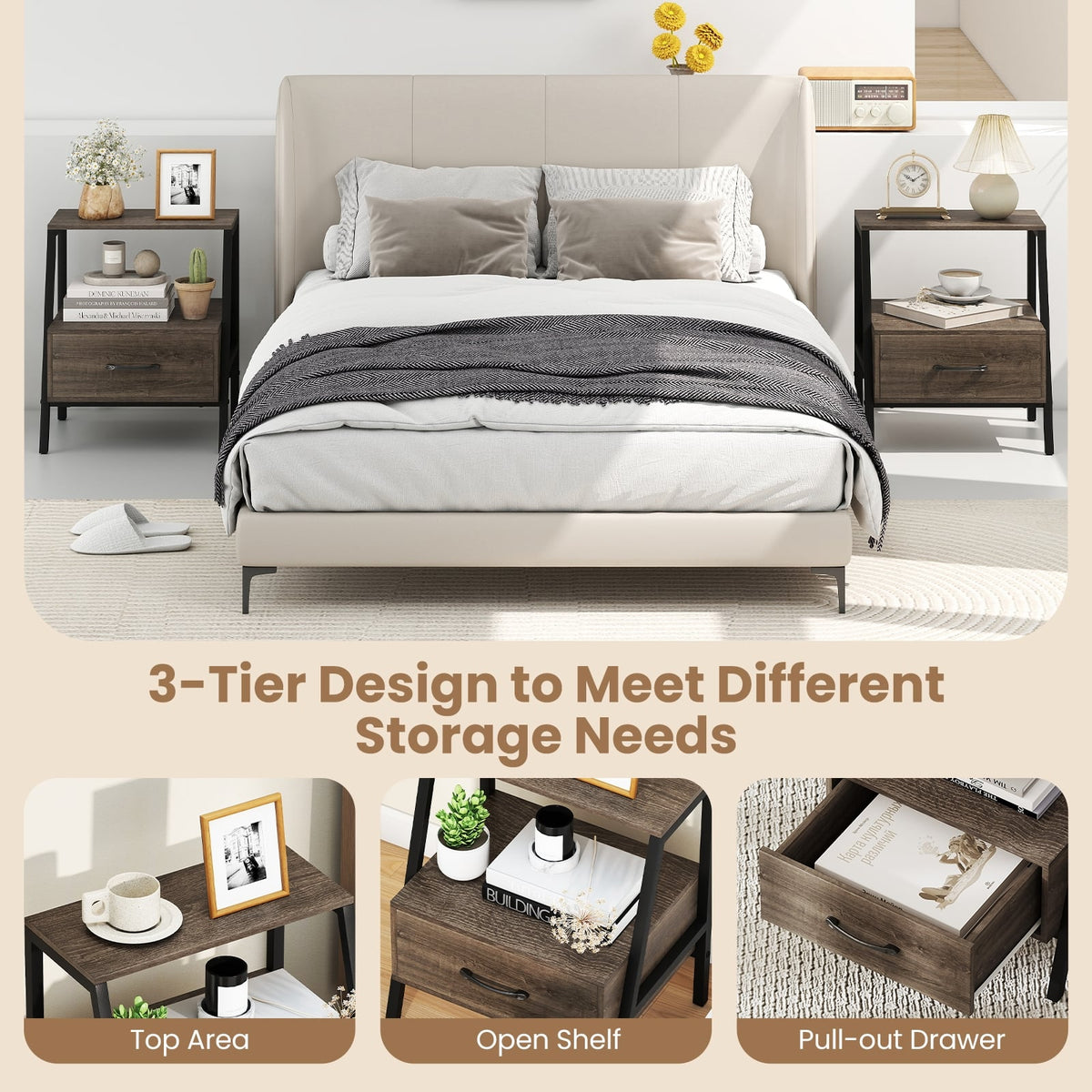 3-Tier Farmhouse Nightstand with Open Shelf-Nightstands-DECOROLALA
