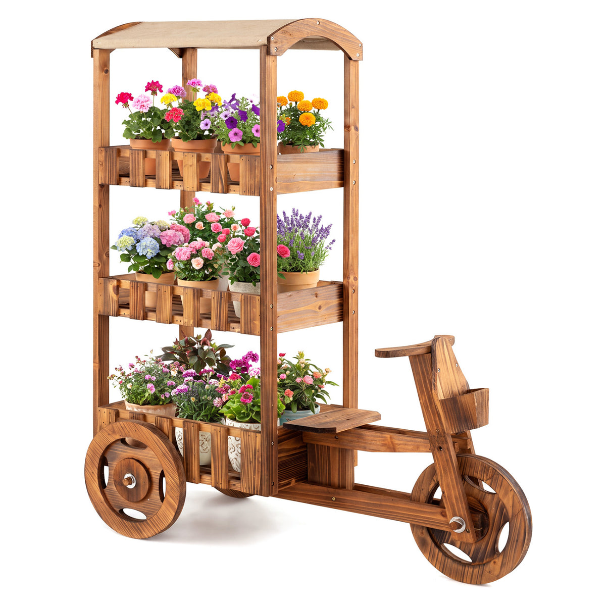3-Tier Fir Wood Plant Stand with Fabric Canopy and 3 Wheels-Brown-Plant Stands-DECOROLALA