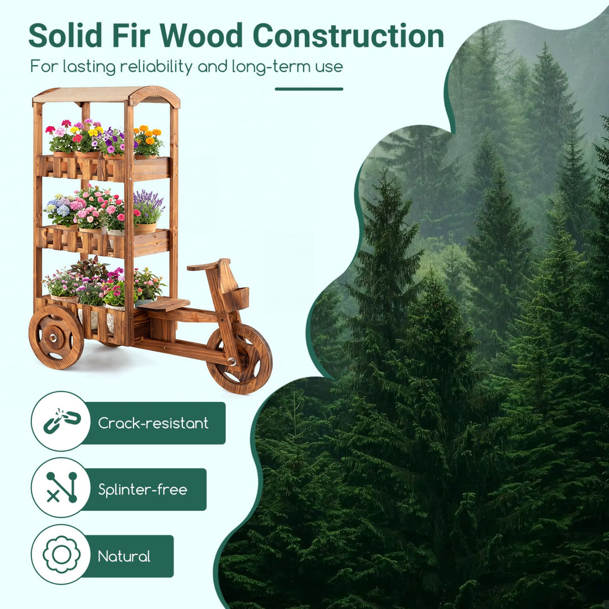3-Tier Fir Wood Plant Stand with Fabric Canopy and 3 Wheels-Brown-Plant Stands-DECOROLALA