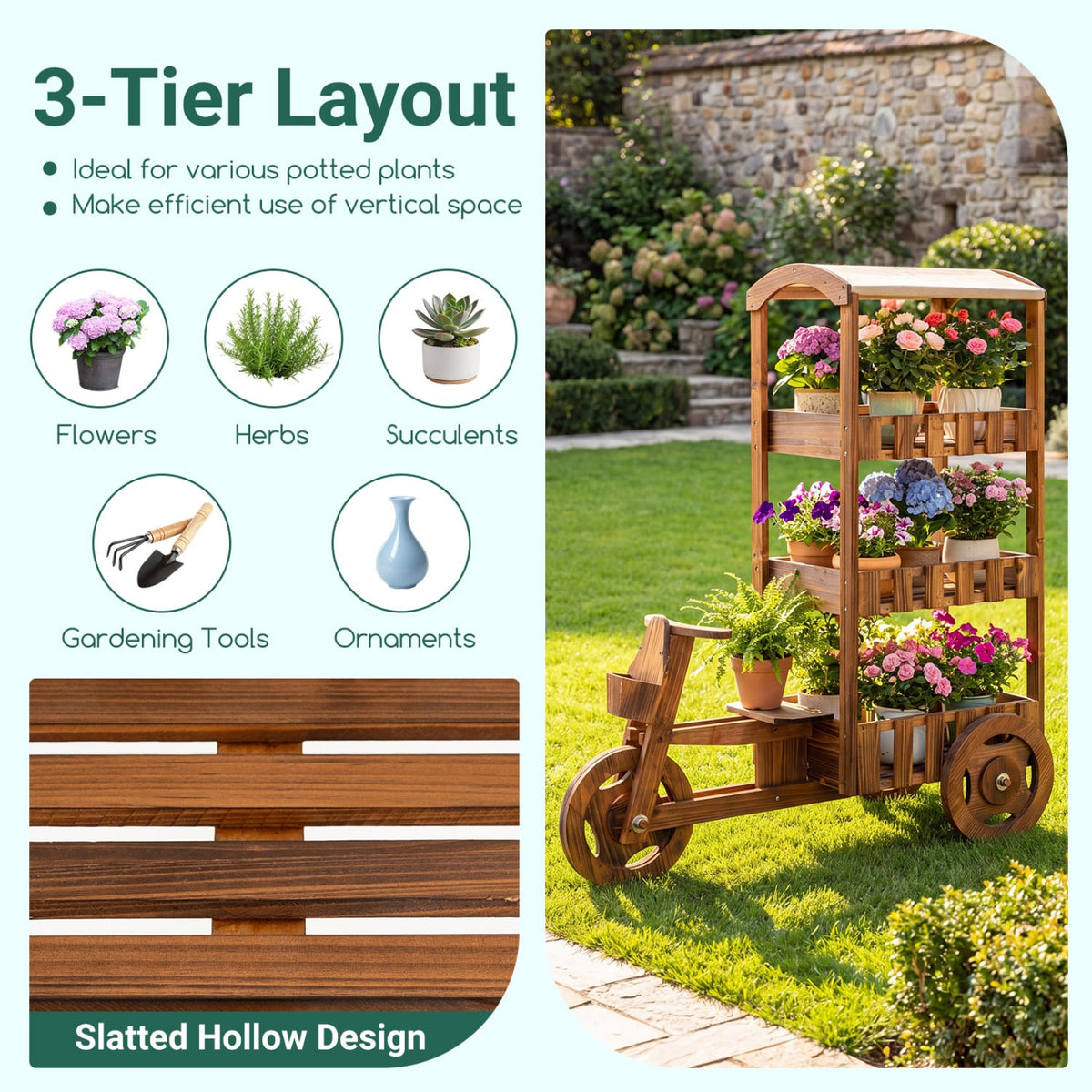 3-Tier Fir Wood Plant Stand with Fabric Canopy and 3 Wheels-Brown-Plant Stands-DECOROLALA