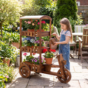 3-Tier Fir Wood Plant Stand with Fabric Canopy and 3 Wheels-Brown-Plant Stands-DECOROLALA