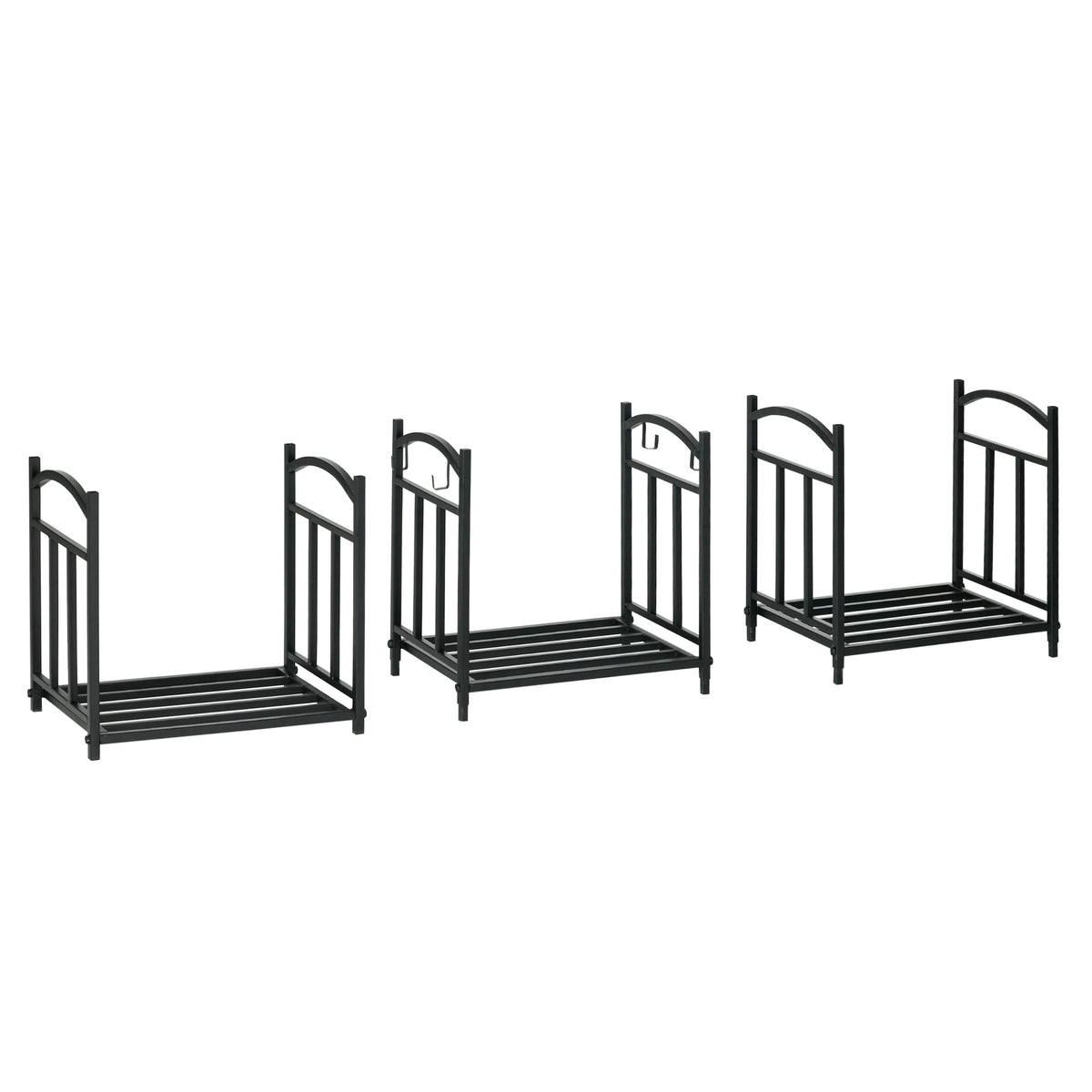 3-Tier Firewood Rack - Black Metal Log Storage with Hooks-Firewood Racks-DECOROLALA