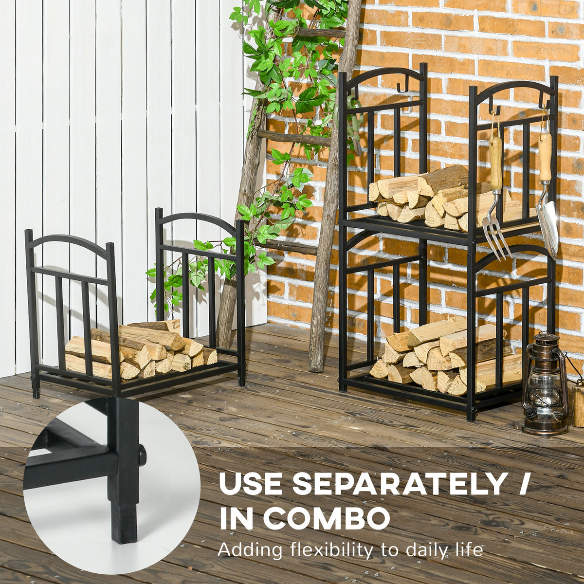 3-Tier Firewood Rack - Black Metal Log Storage with Hooks-Firewood Racks-DECOROLALA