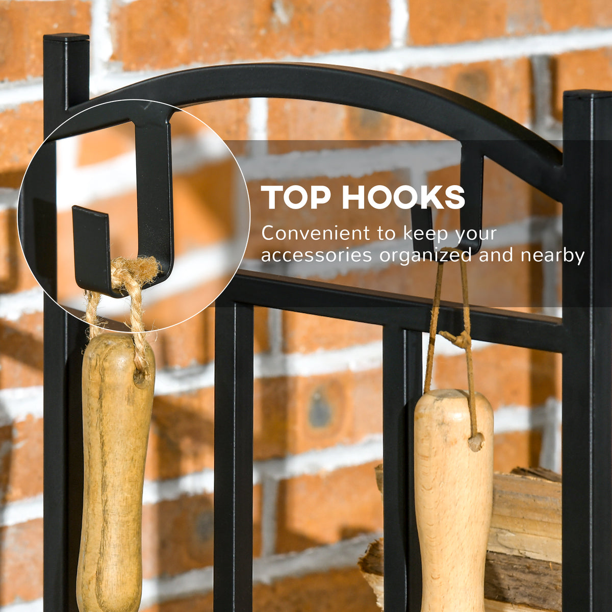 3-Tier Firewood Rack - Black Metal Log Storage with Hooks-Firewood Racks-DECOROLALA