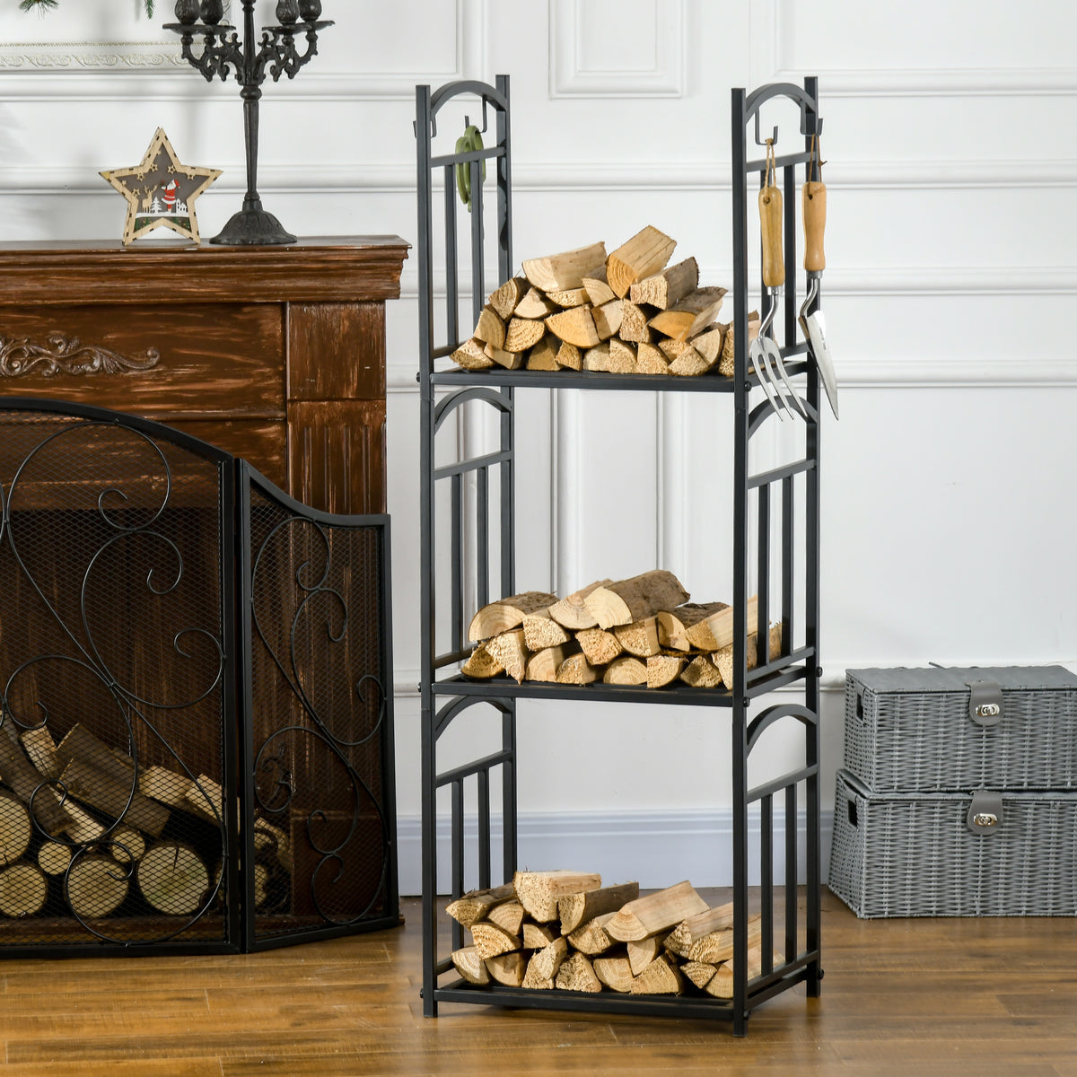 3-Tier Firewood Rack - Black Metal Log Storage with Hooks-Firewood Racks-DECOROLALA