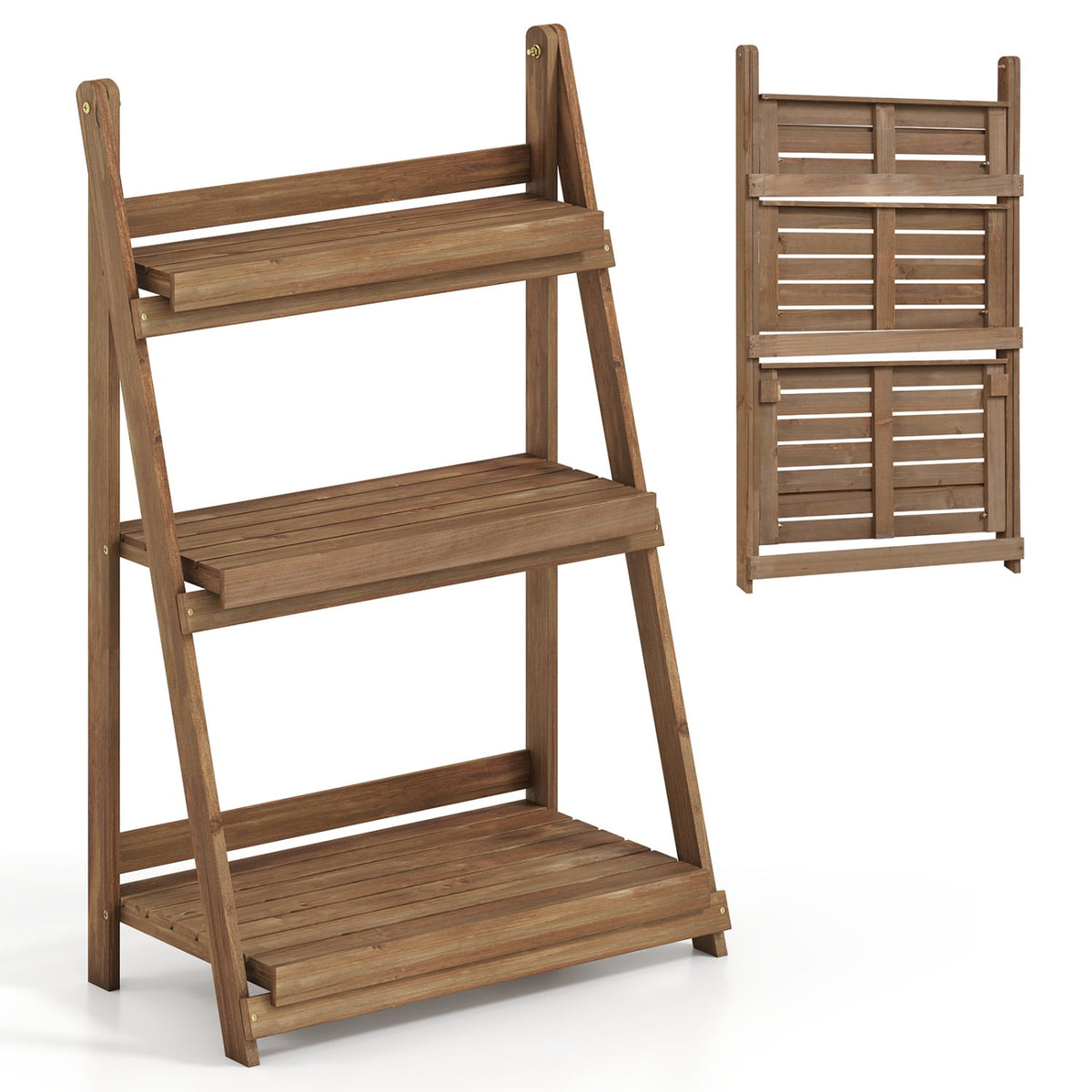 3-Tier Foldable Plant Stand with Slatted Shelves and Fir Wood Frame-Brown-Plant Stands-DECOROLALA
