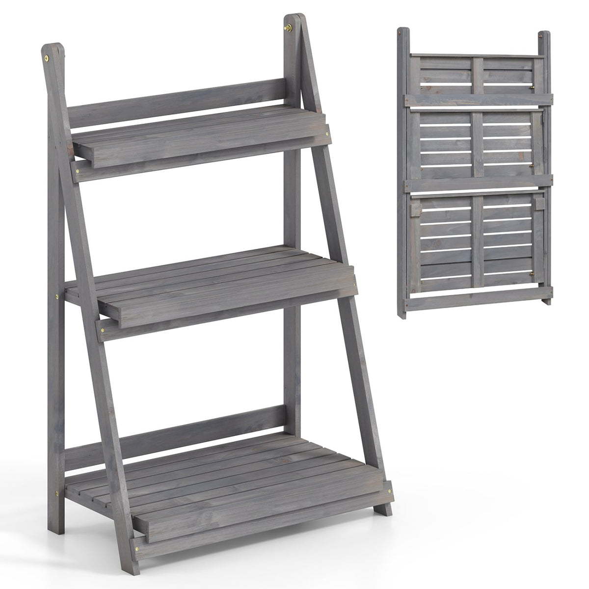 3-Tier Foldable Plant Stand with Slatted Shelves and Fir Wood Frame-Gray-Plant Stands-DECOROLALA