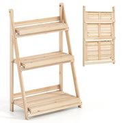 3-Tier Foldable Plant Stand with Slatted Shelves and Fir Wood Frame-Natural-Plant Stands-DECOROLALA