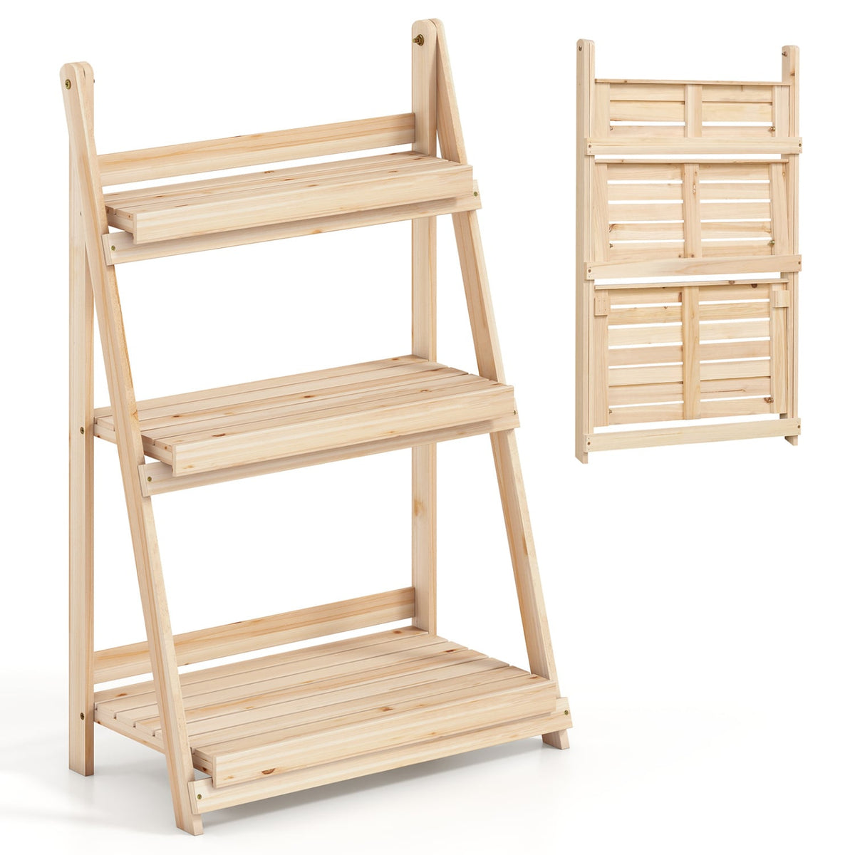 3-Tier Foldable Plant Stand with Slatted Shelves and Fir Wood Frame-Natural-Plant Stands-DECOROLALA