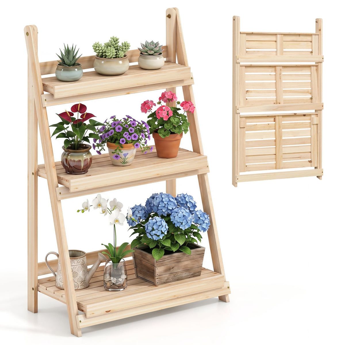 3-Tier Foldable Plant Stand with Slatted Shelves and Fir Wood Frame-Natural-Plant Stands-DECOROLALA