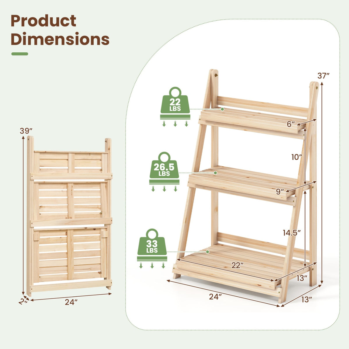 3-Tier Foldable Plant Stand with Slatted Shelves and Fir Wood Frame-Natural-Plant Stands-DECOROLALA
