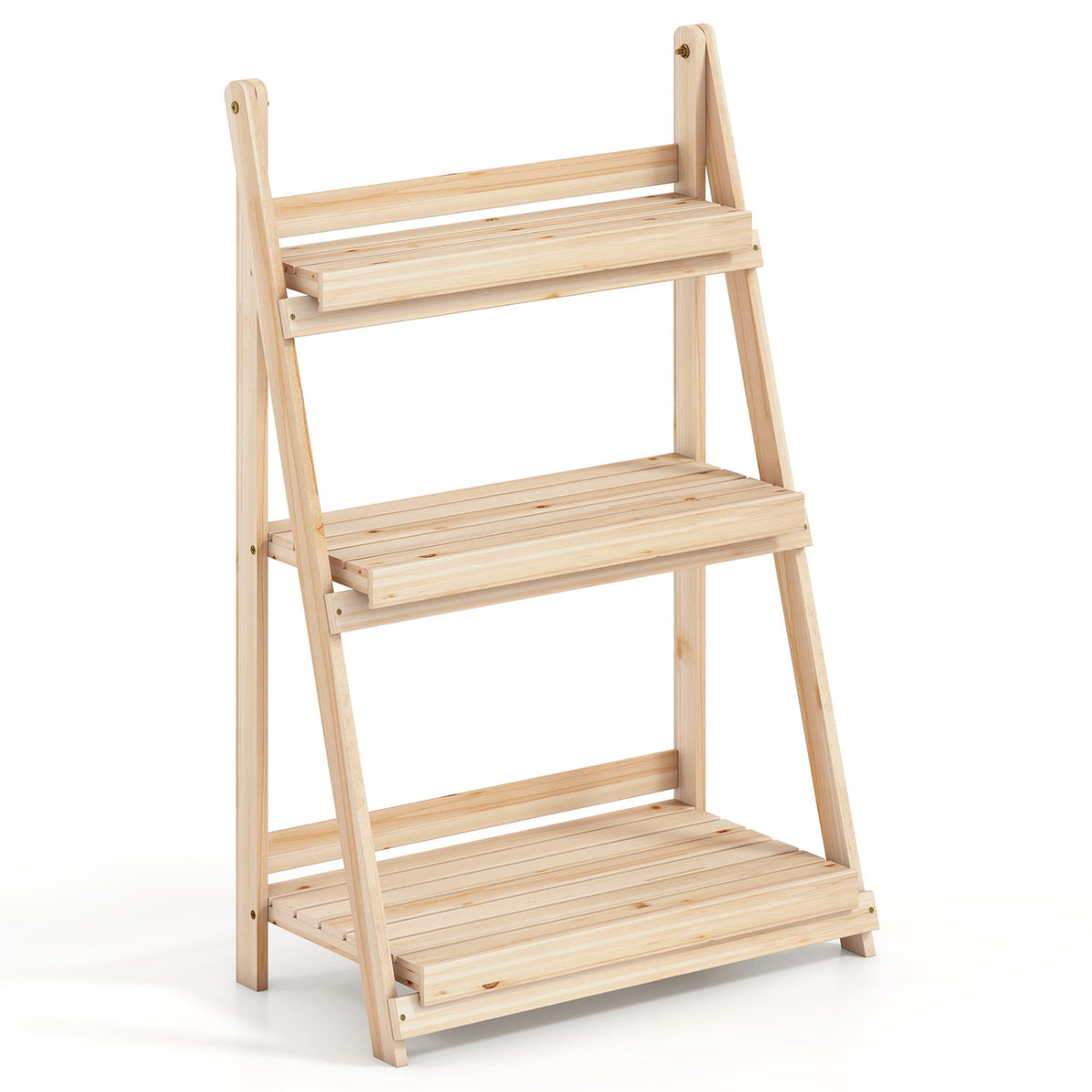 3-Tier Foldable Plant Stand with Slatted Shelves and Fir Wood Frame-Natural-Plant Stands-DECOROLALA
