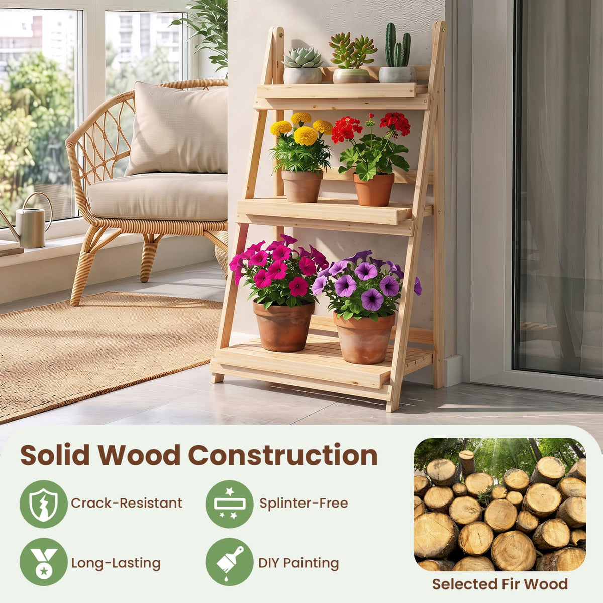 3-Tier Foldable Plant Stand with Slatted Shelves and Fir Wood Frame-Natural-Plant Stands-DECOROLALA