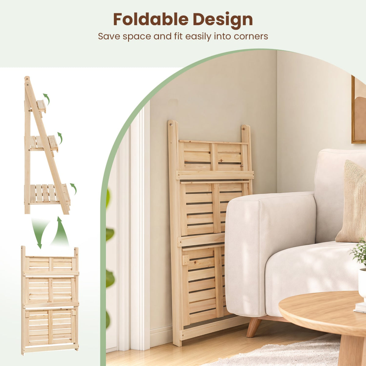 3-Tier Foldable Plant Stand with Slatted Shelves and Fir Wood Frame-Natural-Plant Stands-DECOROLALA
