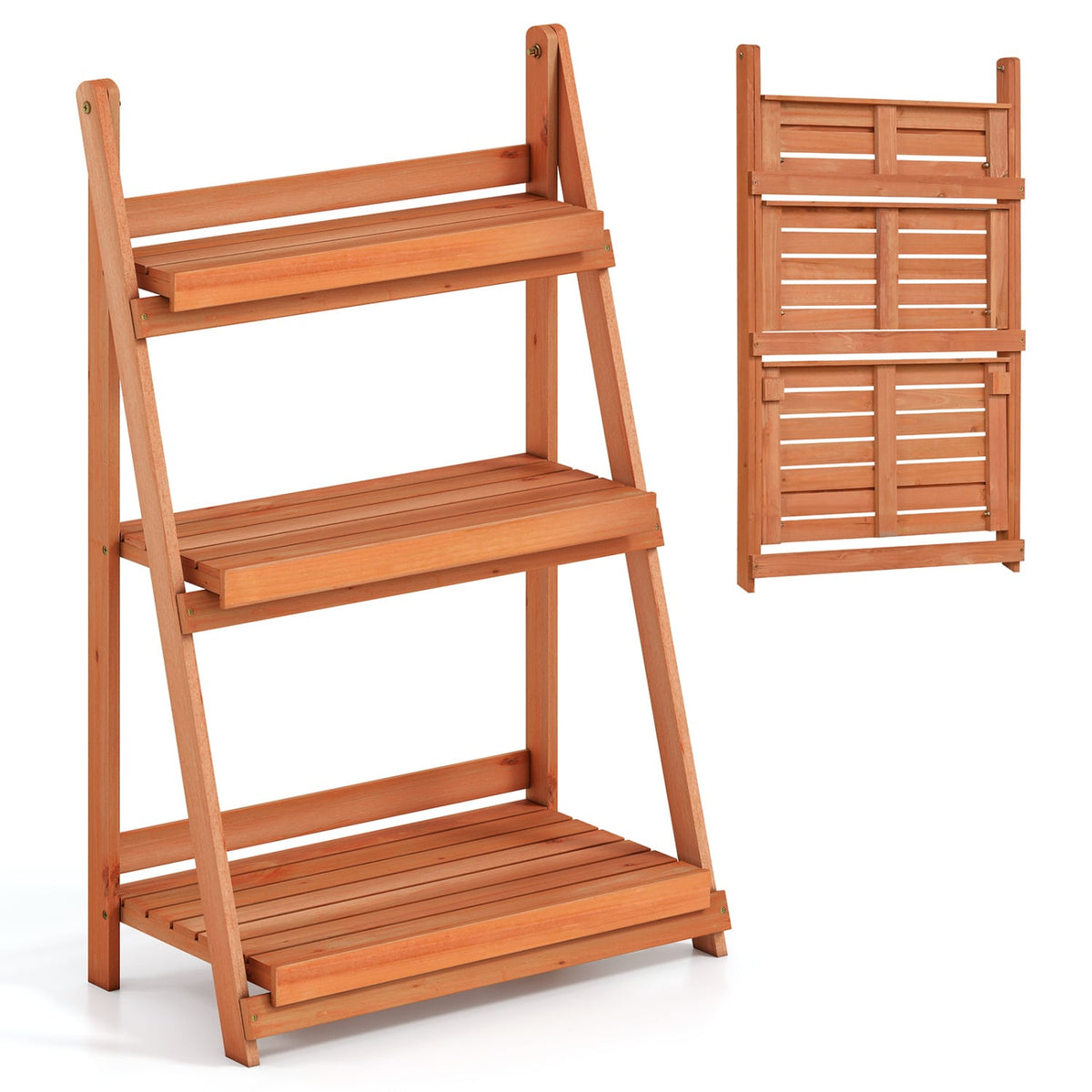 3-Tier Foldable Plant Stand with Slatted Shelves and Fir Wood Frame-Orange-Plant Stands-DECOROLALA