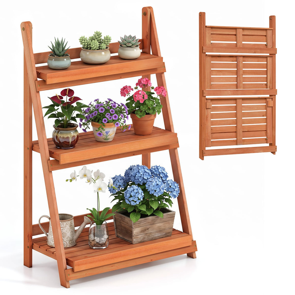 3-Tier Foldable Plant Stand with Slatted Shelves and Fir Wood Frame-Orange-Plant Stands-DECOROLALA