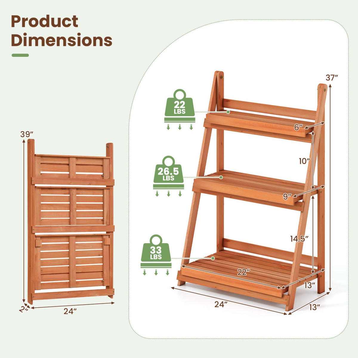 3-Tier Foldable Plant Stand with Slatted Shelves and Fir Wood Frame-Orange-Plant Stands-DECOROLALA