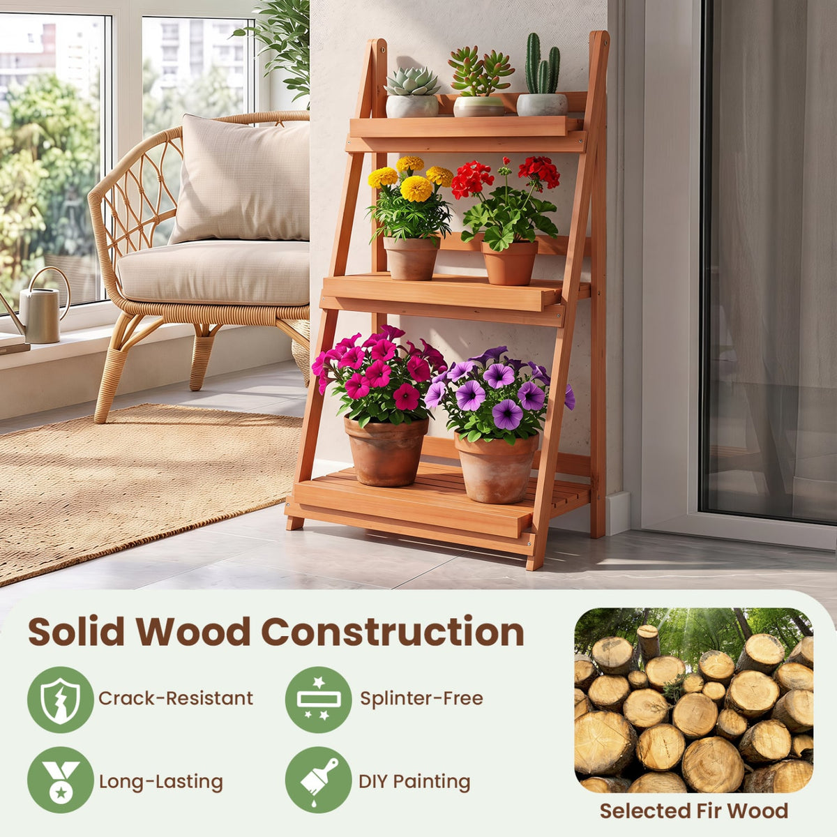 3-Tier Foldable Plant Stand with Slatted Shelves and Fir Wood Frame-Orange-Plant Stands-DECOROLALA