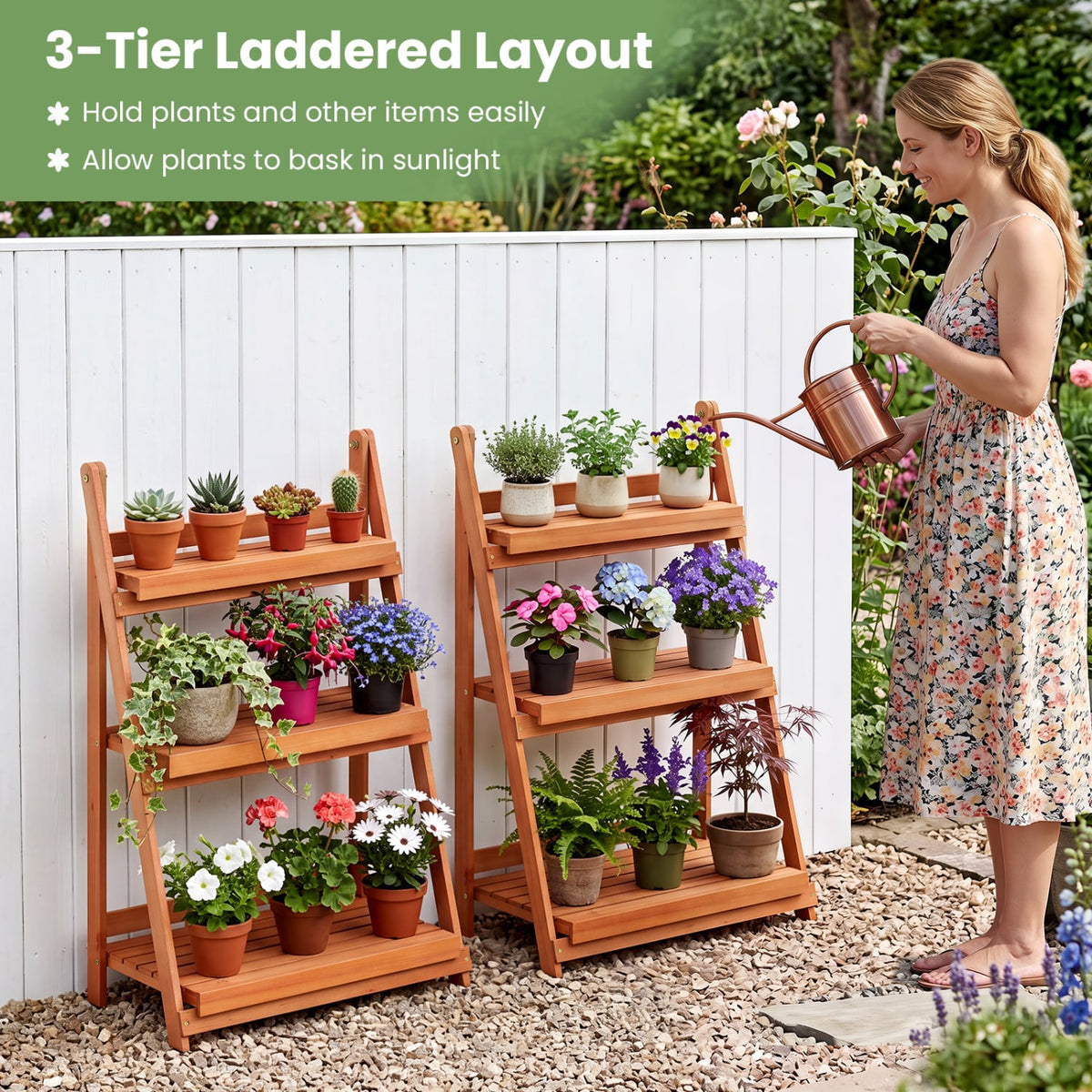 3-Tier Foldable Plant Stand with Slatted Shelves and Fir Wood Frame-Orange-Plant Stands-DECOROLALA