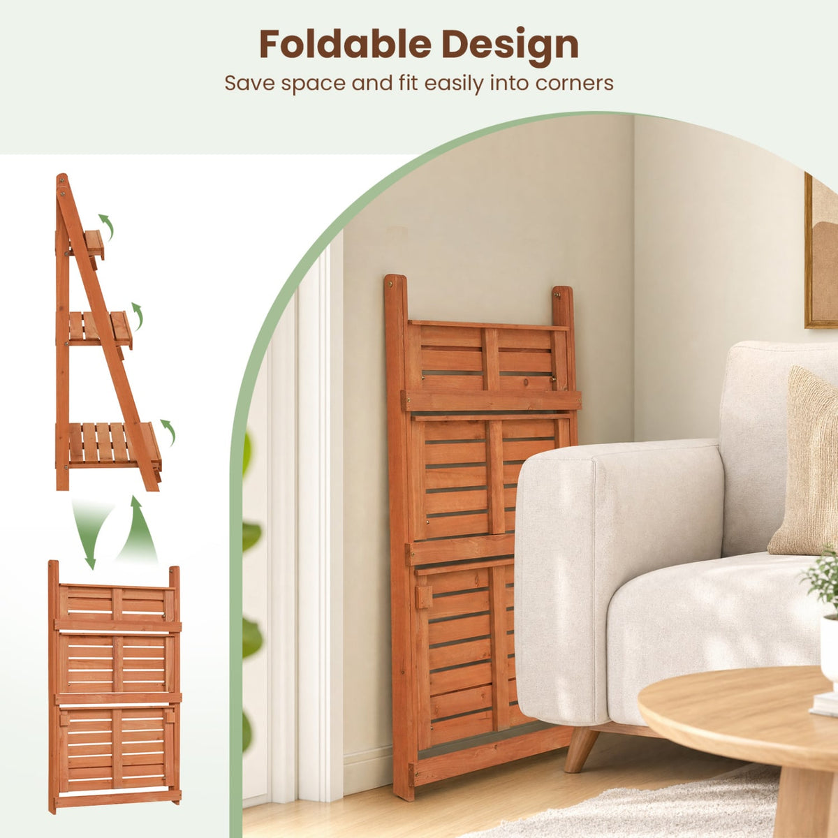 3-Tier Foldable Plant Stand with Slatted Shelves and Fir Wood Frame-Orange-Plant Stands-DECOROLALA