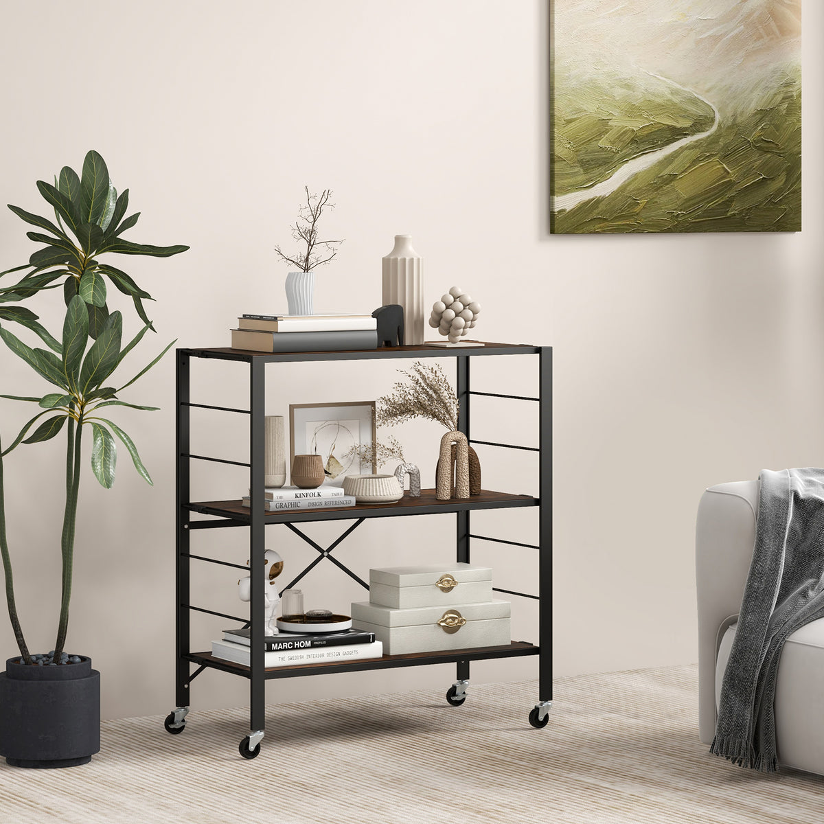 3-Tier Foldable Shelving Unit with Detachable Wheels and Adjustable Shelves-Black-Baker’s Racks-DECOROLALA