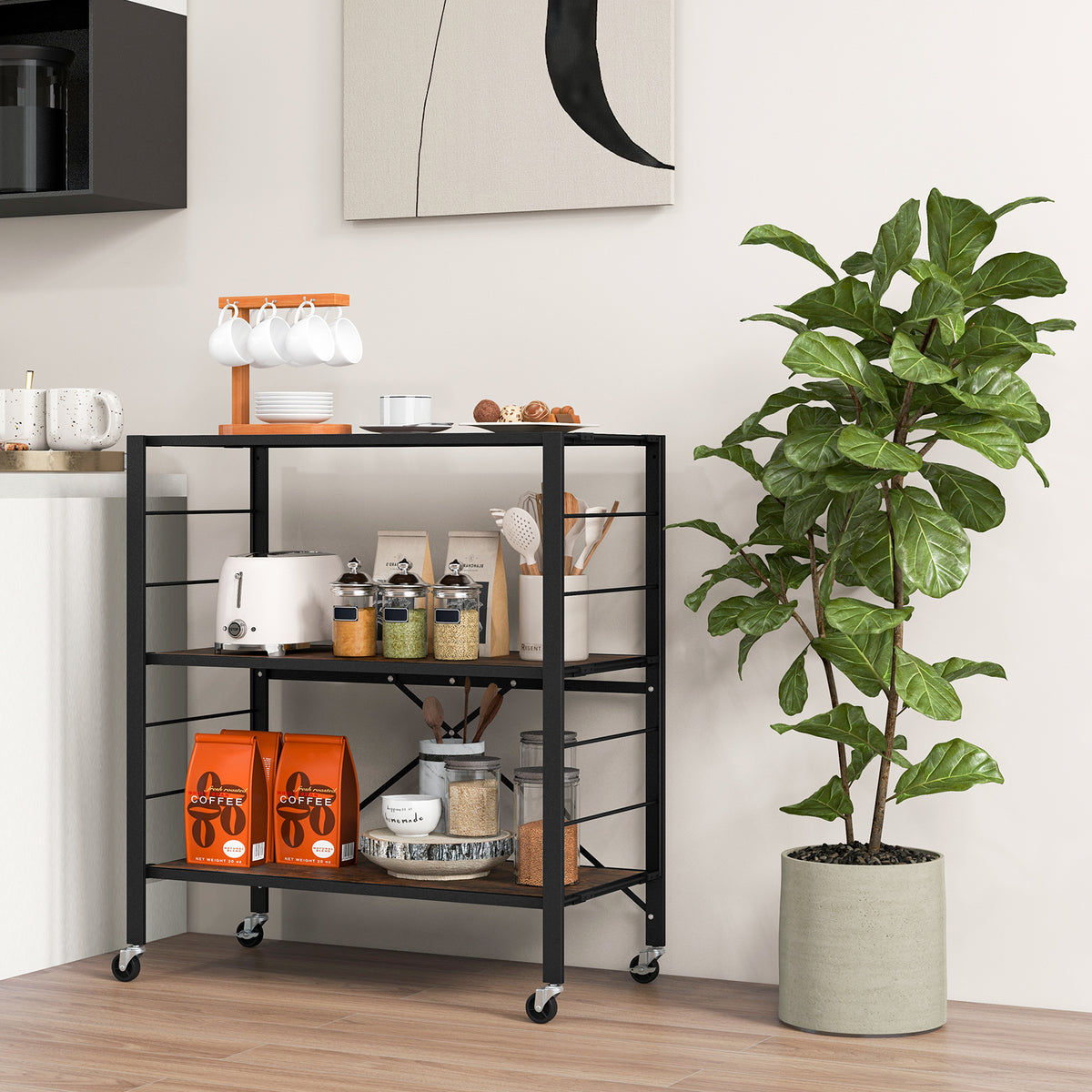 3-Tier Foldable Shelving Unit with Detachable Wheels and Adjustable Shelves-Black-Baker’s Racks-DECOROLALA