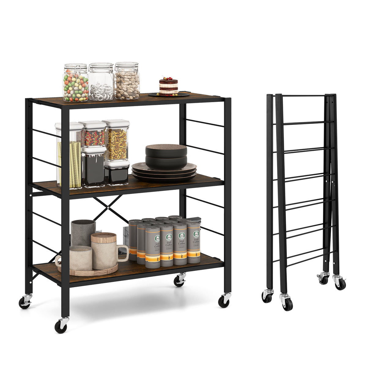 3-Tier Foldable Shelving Unit with Detachable Wheels and Adjustable Shelves-Black-Baker’s Racks-DECOROLALA