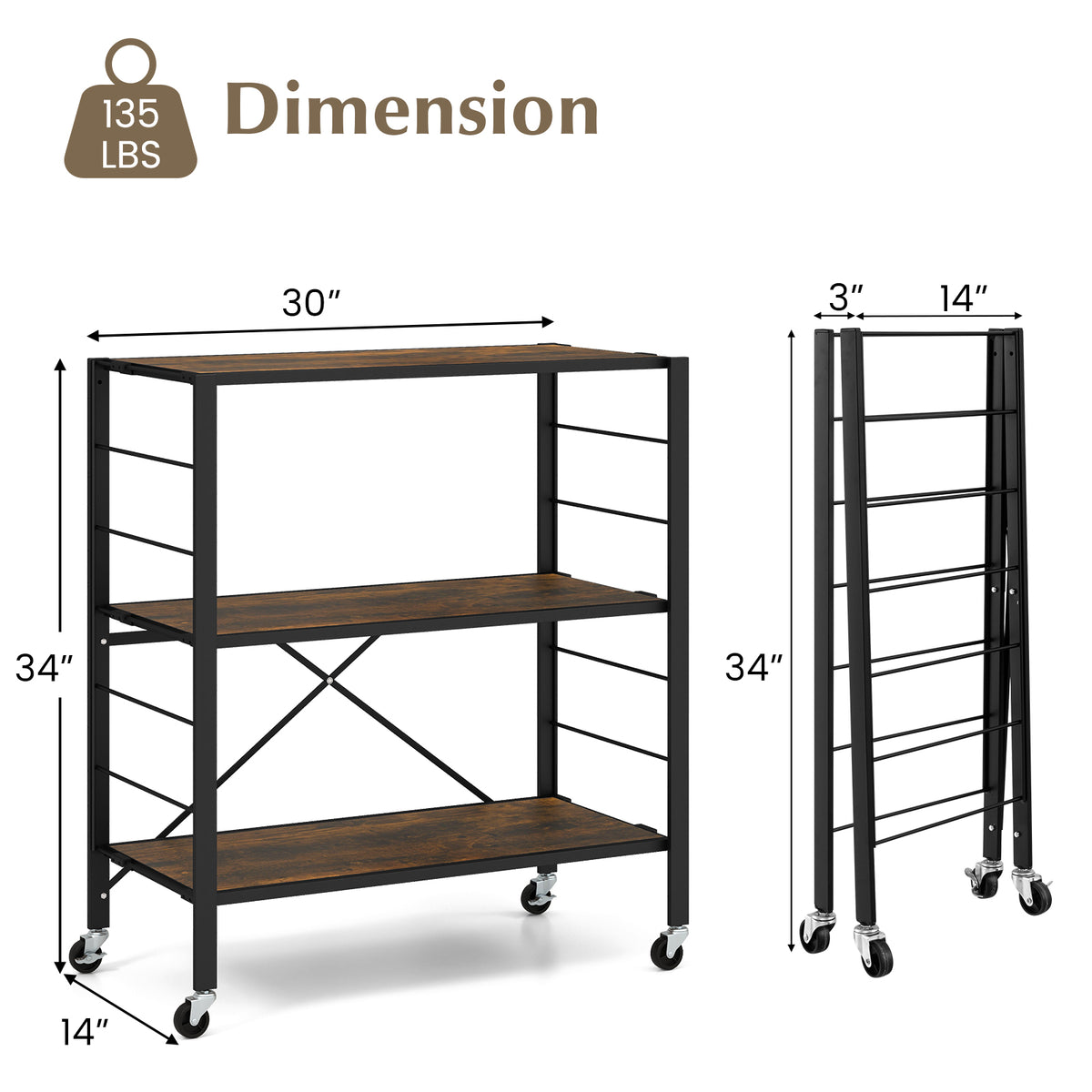 3-Tier Foldable Shelving Unit with Detachable Wheels and Adjustable Shelves-Black-Baker’s Racks-DECOROLALA