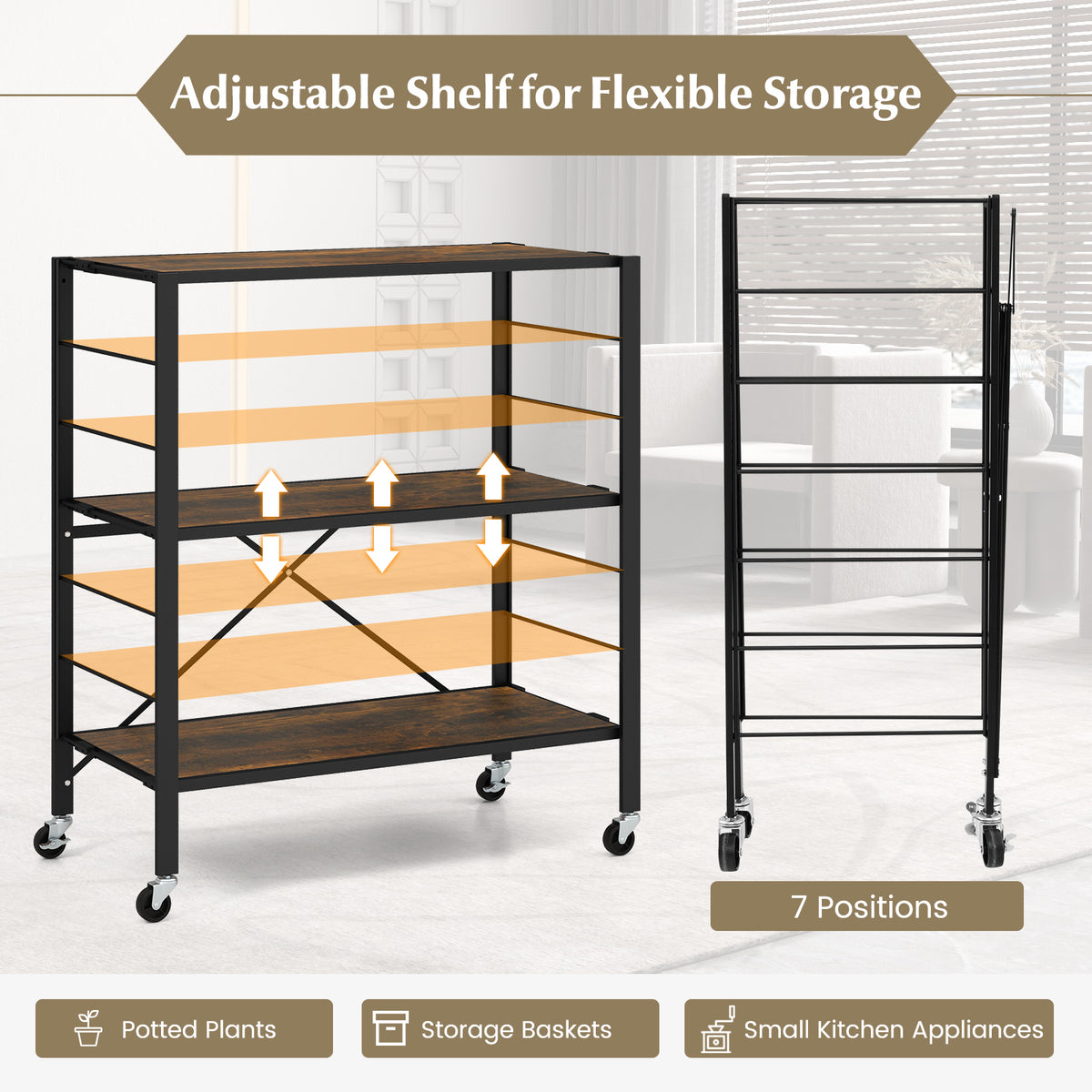 3-Tier Foldable Shelving Unit with Detachable Wheels and Adjustable Shelves-Black-Baker’s Racks-DECOROLALA