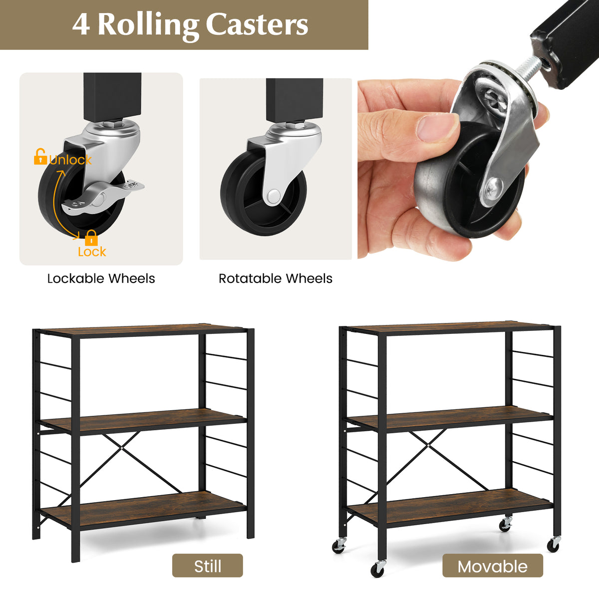 3-Tier Foldable Shelving Unit with Detachable Wheels and Adjustable Shelves-Black-Baker’s Racks-DECOROLALA