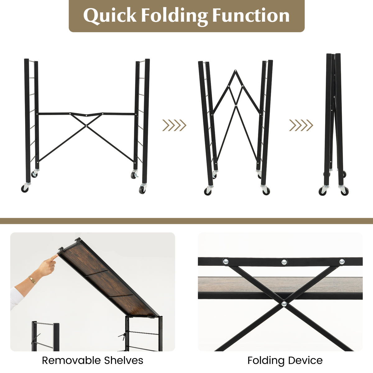 3-Tier Foldable Shelving Unit with Detachable Wheels and Adjustable Shelves-Black-Baker’s Racks-DECOROLALA