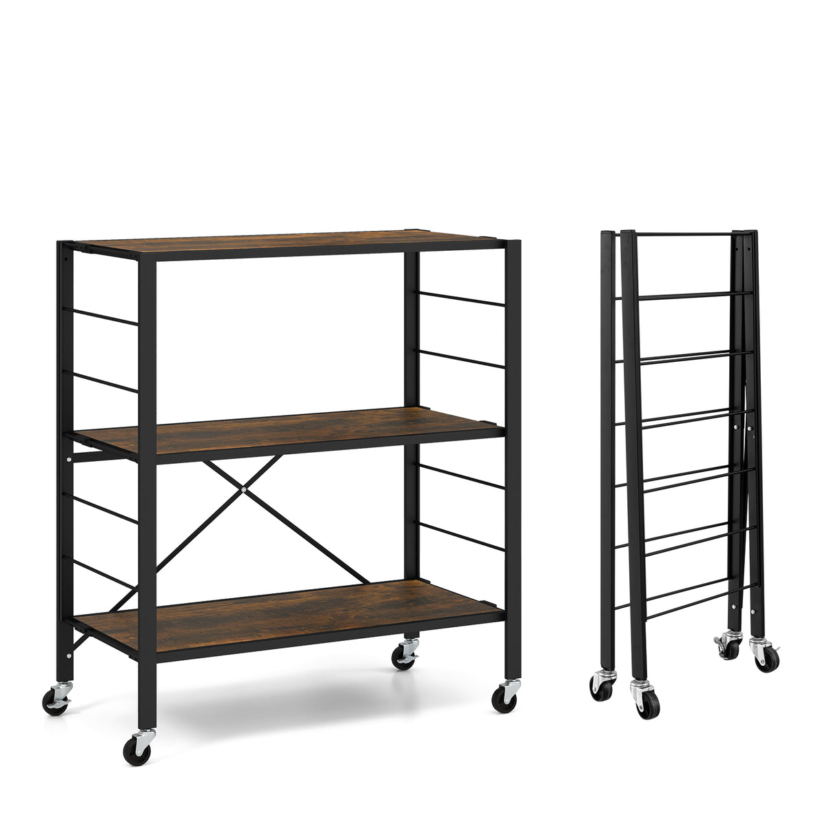 3-Tier Foldable Shelving Unit with Detachable Wheels and Adjustable Shelves-Black-Baker’s Racks-DECOROLALA