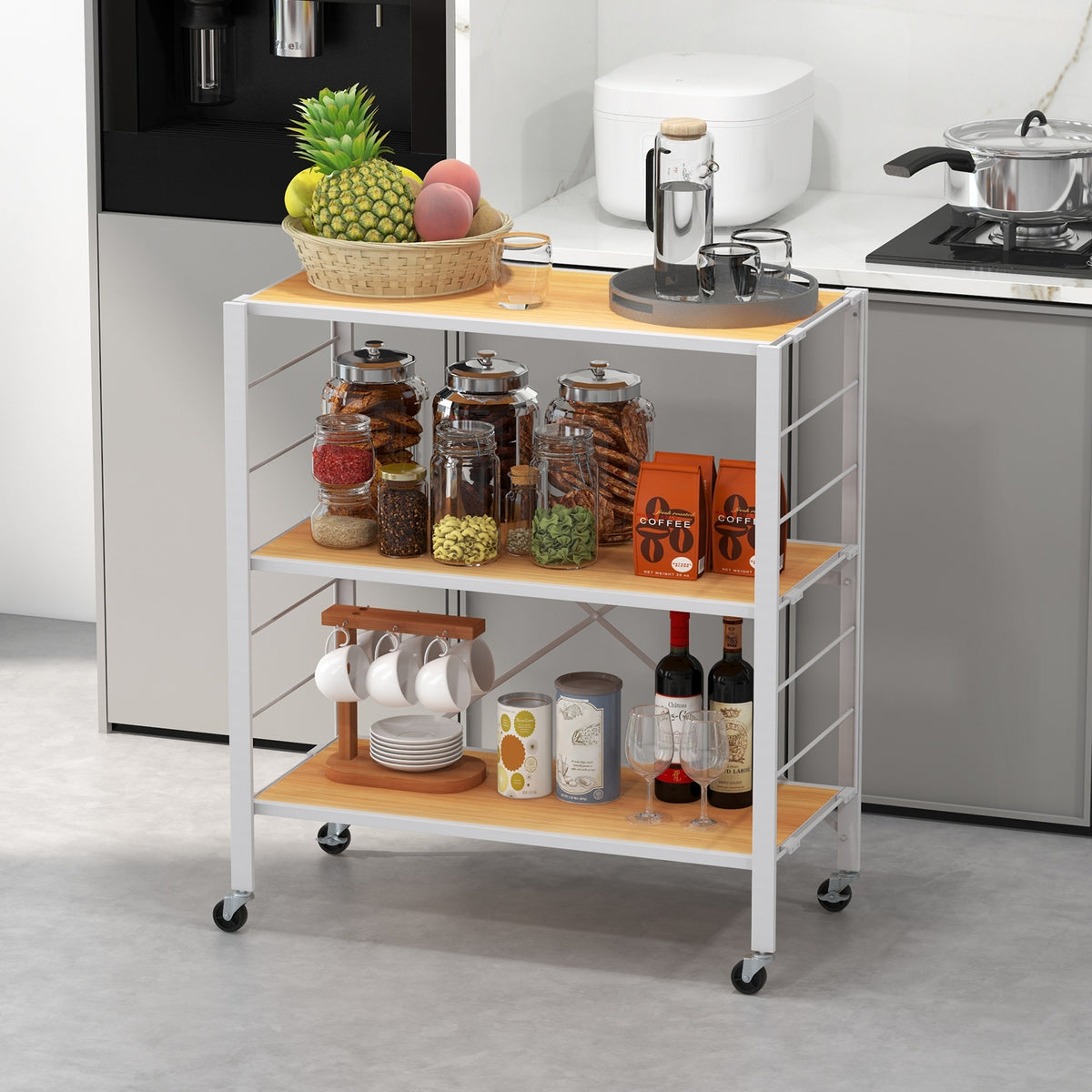 3-Tier Foldable Shelving Unit with Detachable Wheels and Adjustable Shelves-Natural-Baker’s Racks-DECOROLALA