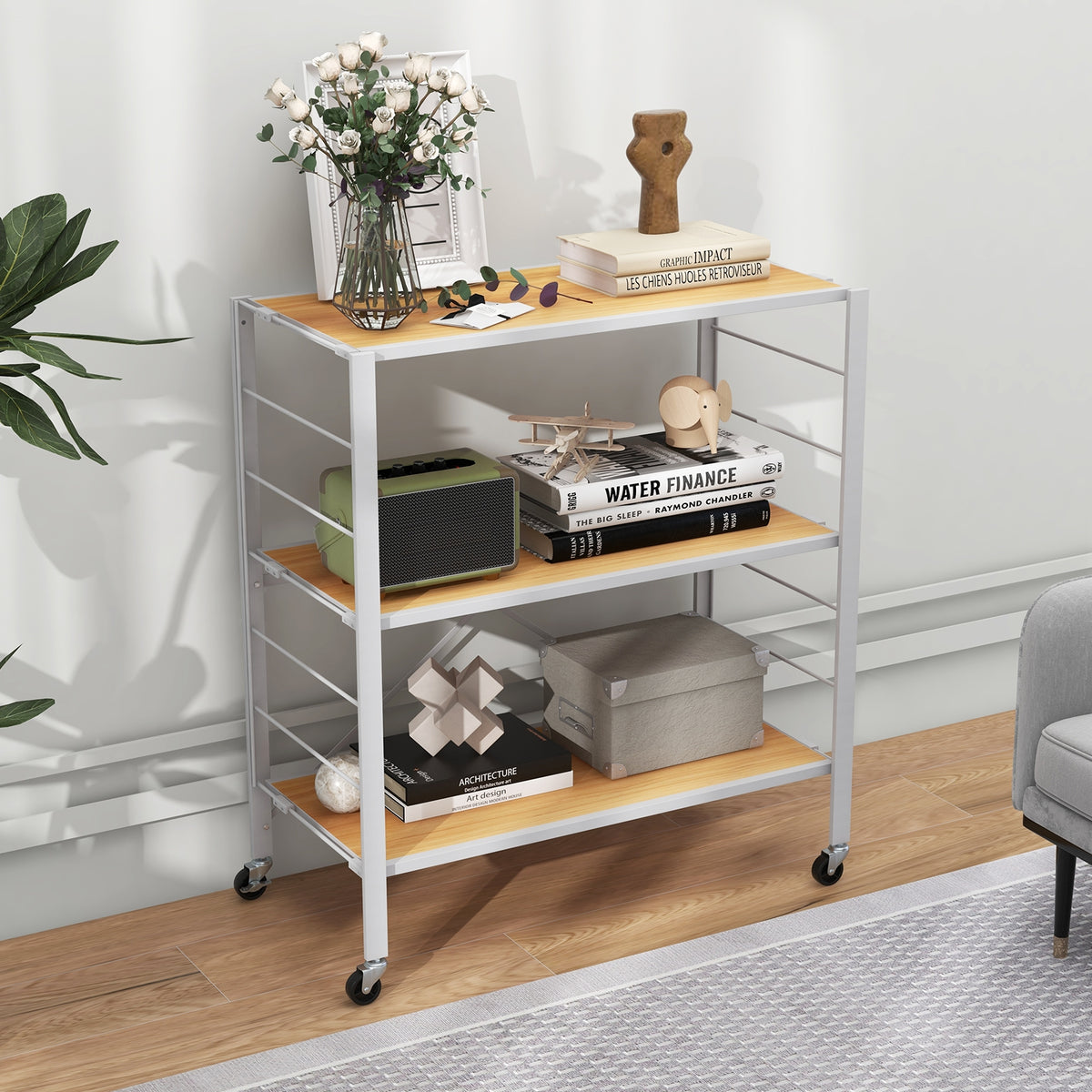 3-Tier Foldable Shelving Unit with Detachable Wheels and Adjustable Shelves-Natural-Baker’s Racks-DECOROLALA