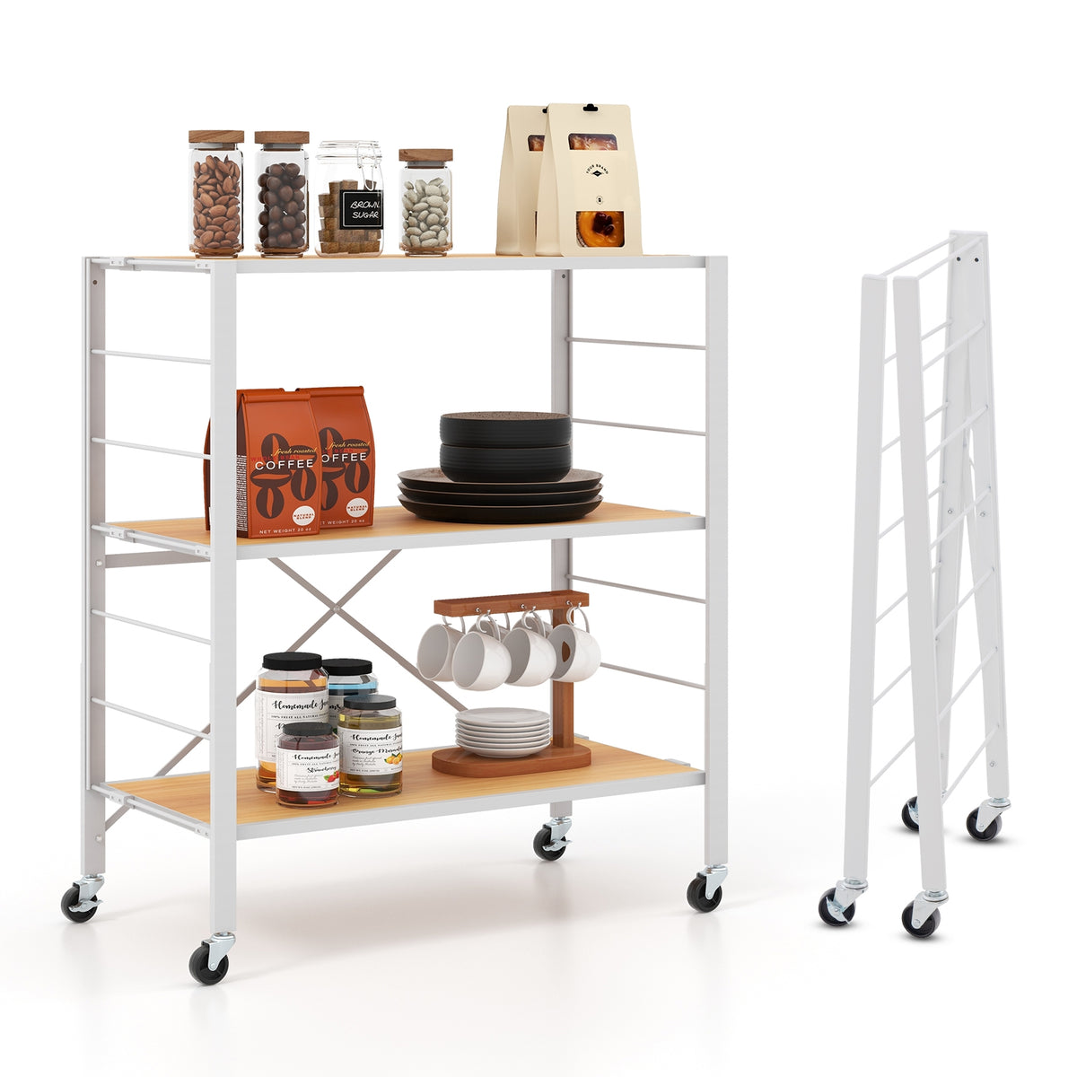 3-Tier Foldable Shelving Unit with Detachable Wheels and Adjustable Shelves-Natural-Baker’s Racks-DECOROLALA