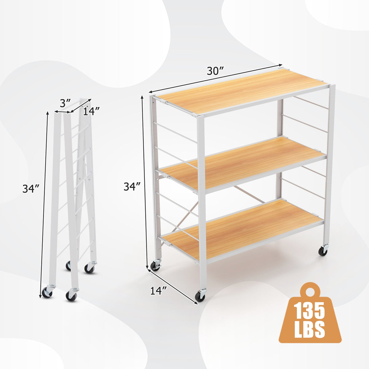 3-Tier Foldable Shelving Unit with Detachable Wheels and Adjustable Shelves-Natural-Baker’s Racks-DECOROLALA