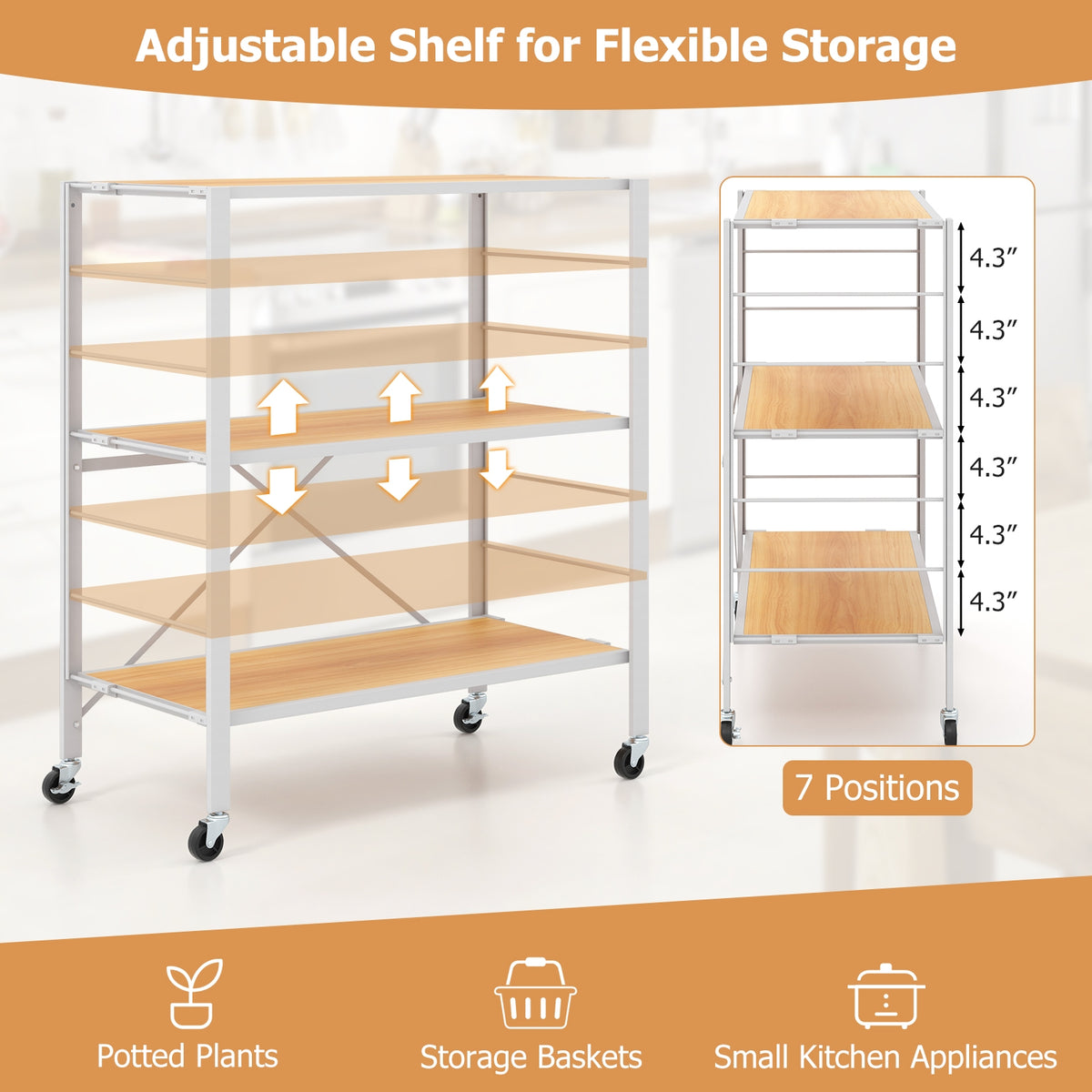 3-Tier Foldable Shelving Unit with Detachable Wheels and Adjustable Shelves-Natural-Baker’s Racks-DECOROLALA