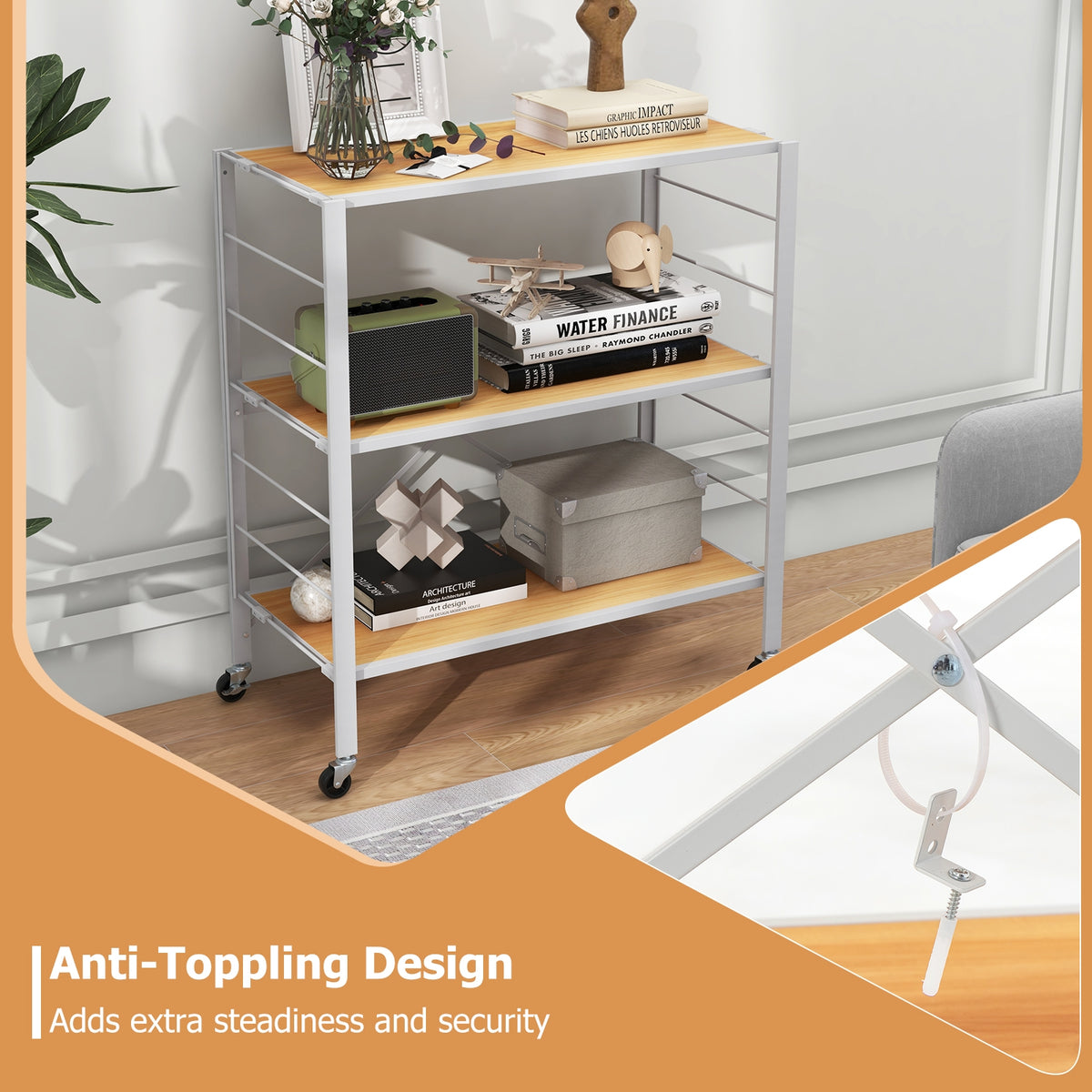 3-Tier Foldable Shelving Unit with Detachable Wheels and Adjustable Shelves-Natural-Baker’s Racks-DECOROLALA