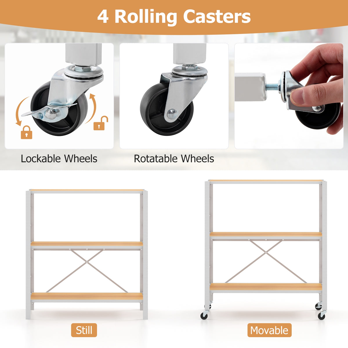 3-Tier Foldable Shelving Unit with Detachable Wheels and Adjustable Shelves-Natural-Baker’s Racks-DECOROLALA