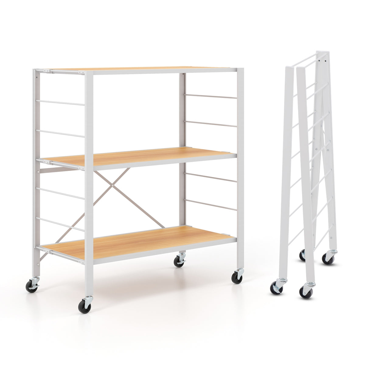 3-Tier Foldable Shelving Unit with Detachable Wheels and Adjustable Shelves-Natural-Baker’s Racks-DECOROLALA