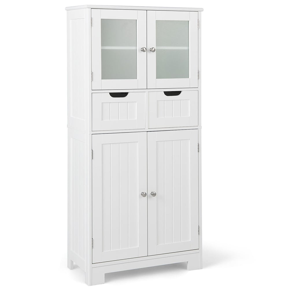 3-Tier Freestanding Bathroom Cabinet with Glass Doors - White-Floor Cabinets-DECOROLALA