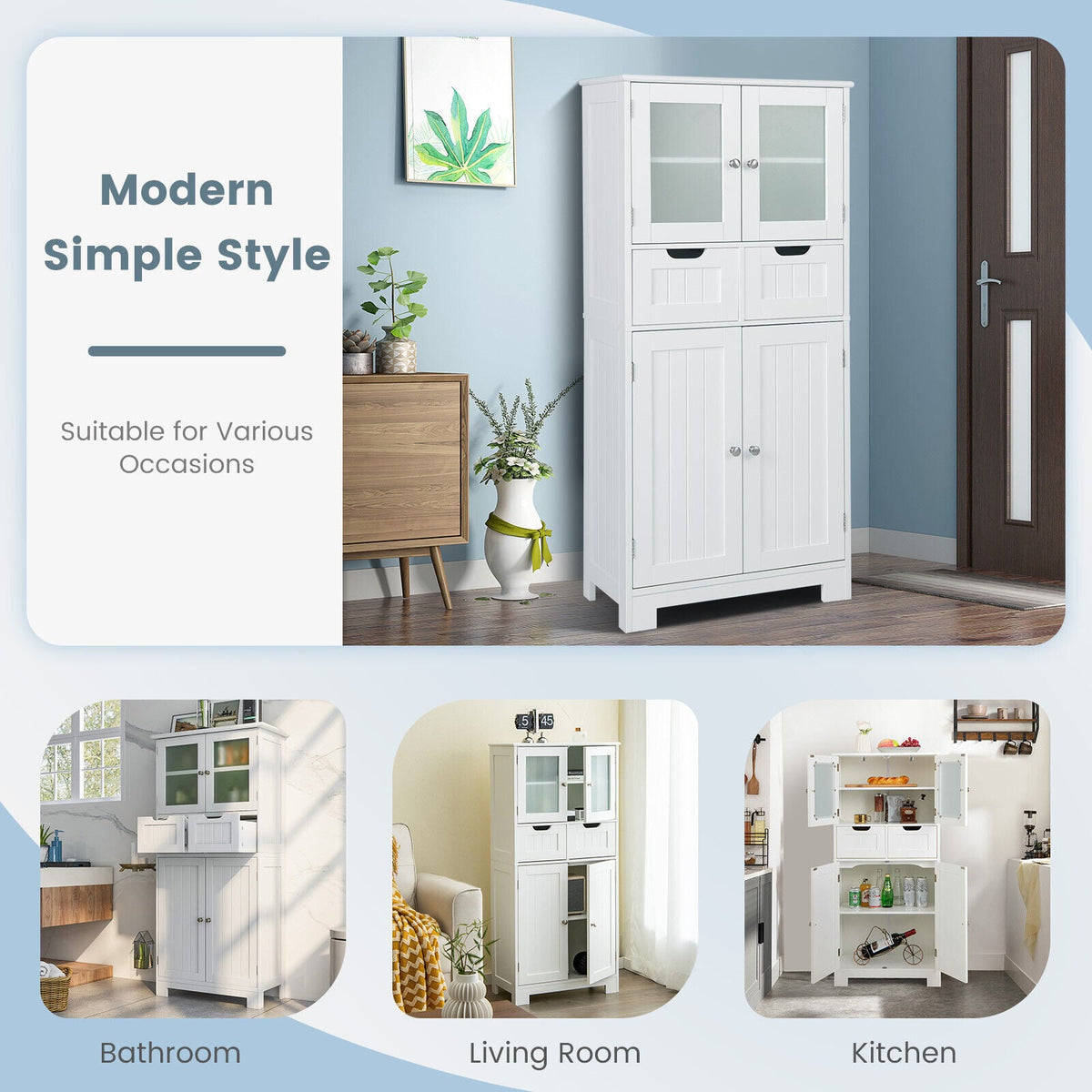 3-Tier Freestanding Bathroom Cabinet with Glass Doors - White-Floor Cabinets-DECOROLALA
