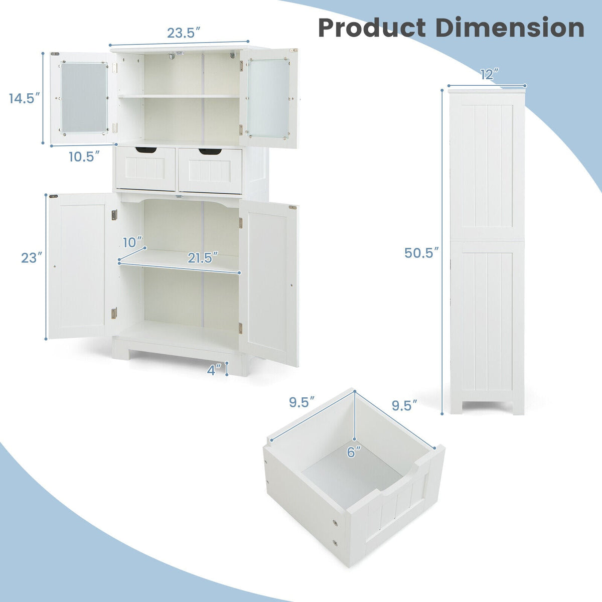 3-Tier Freestanding Bathroom Cabinet with Glass Doors - White-Floor Cabinets-DECOROLALA
