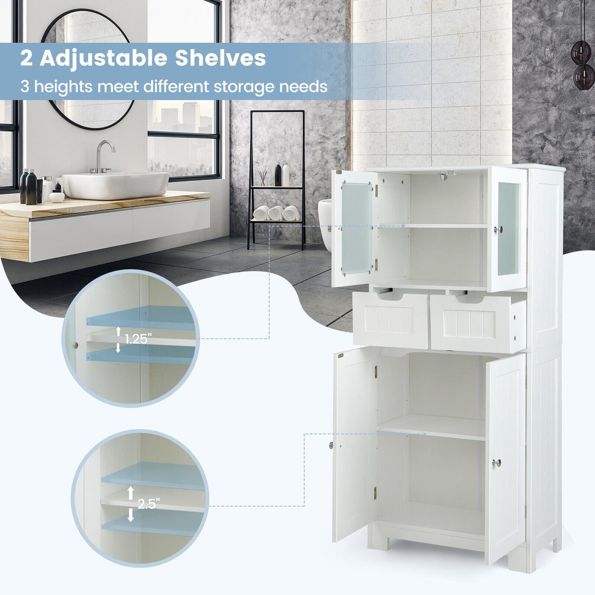 3-Tier Freestanding Bathroom Cabinet with Glass Doors - White-Floor Cabinets-DECOROLALA